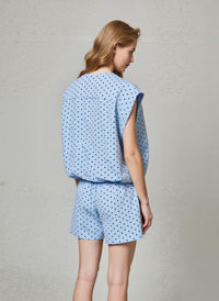 Blue Polka Dot Two-Piece Set Zip Front Sleeveless Vest & High-Waist Shorts Co-Ord Outfit