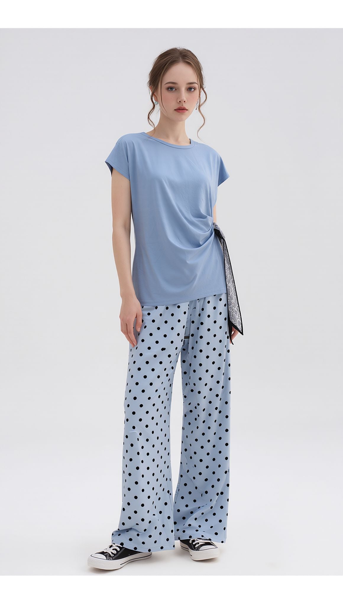 Blue Polka Dot Wide Leg Palazzo Pants High Waist Relaxed Fit Side Stripe Trousers