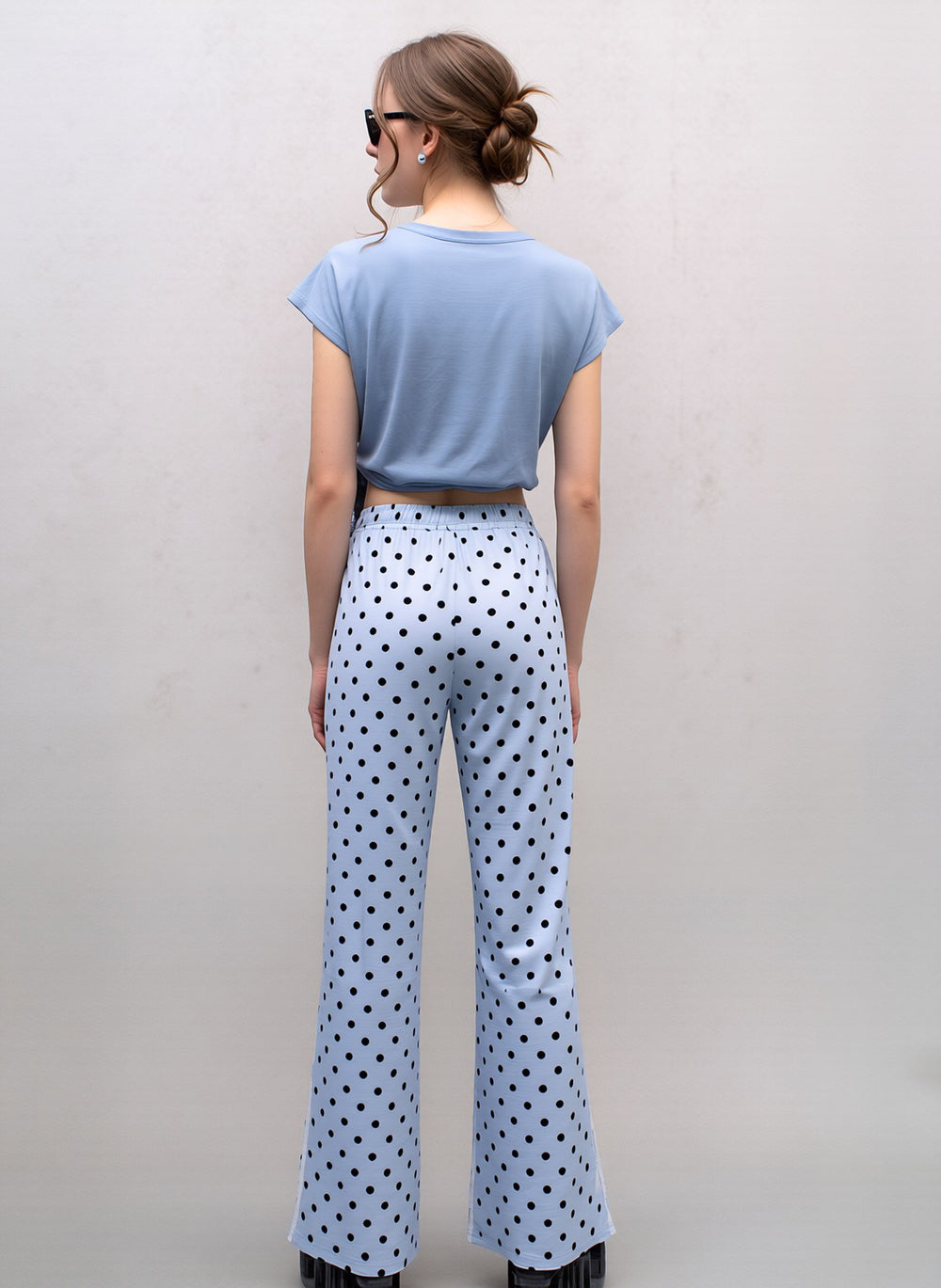 Blue Polka Dot Wide Leg Palazzo Pants High Waist Relaxed Fit Side Stripe Trousers