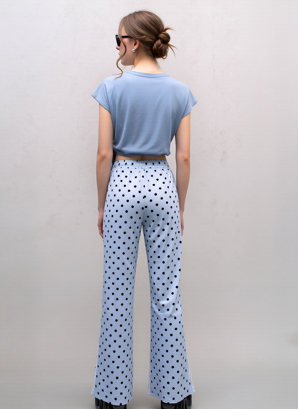 Blue Polka Dot Wide Leg Palazzo Pants High Waist Relaxed Fit Side Stripe Trousers