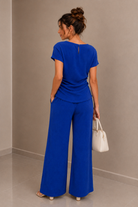 Blue Textured Drape Top & Wide Leg Trouser Co-Ord Set Elegant Two Piece Outfit