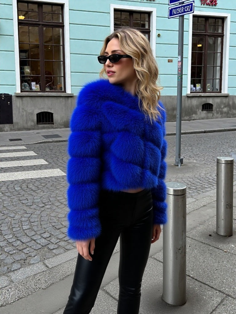 Blue Thick Faux Fur Paneled Layered Jacket