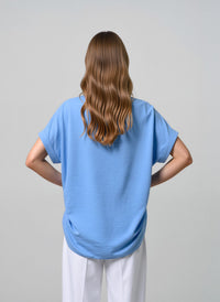 Blue V-Neck Batwing Sleeve Textured Blouse Casual Loose Fit Top with Necklace