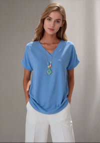 Blue V-Neck Batwing Sleeve Textured Blouse Casual Loose Fit Top with Necklace