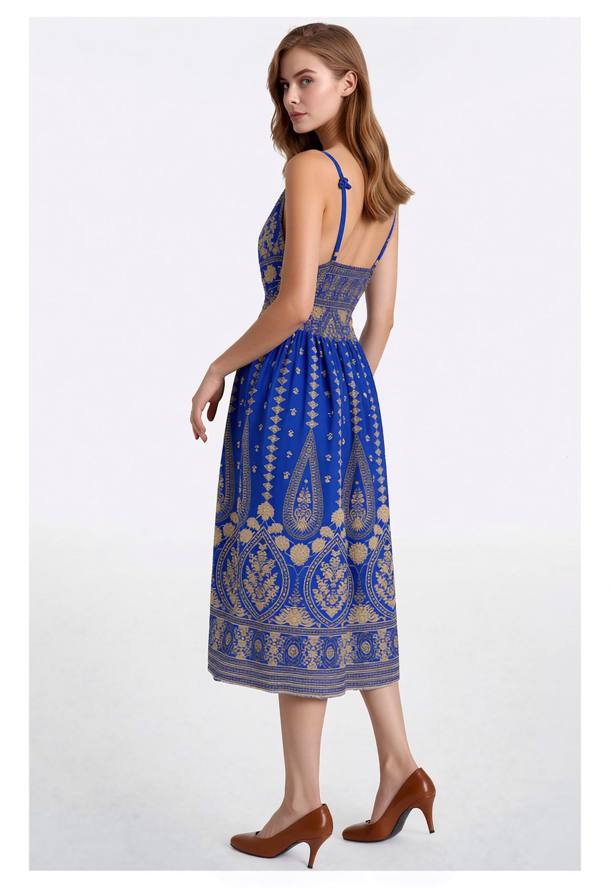 Blue & Gold Bohemian Print Sleeveless Midi Dress with Smocked Waist
