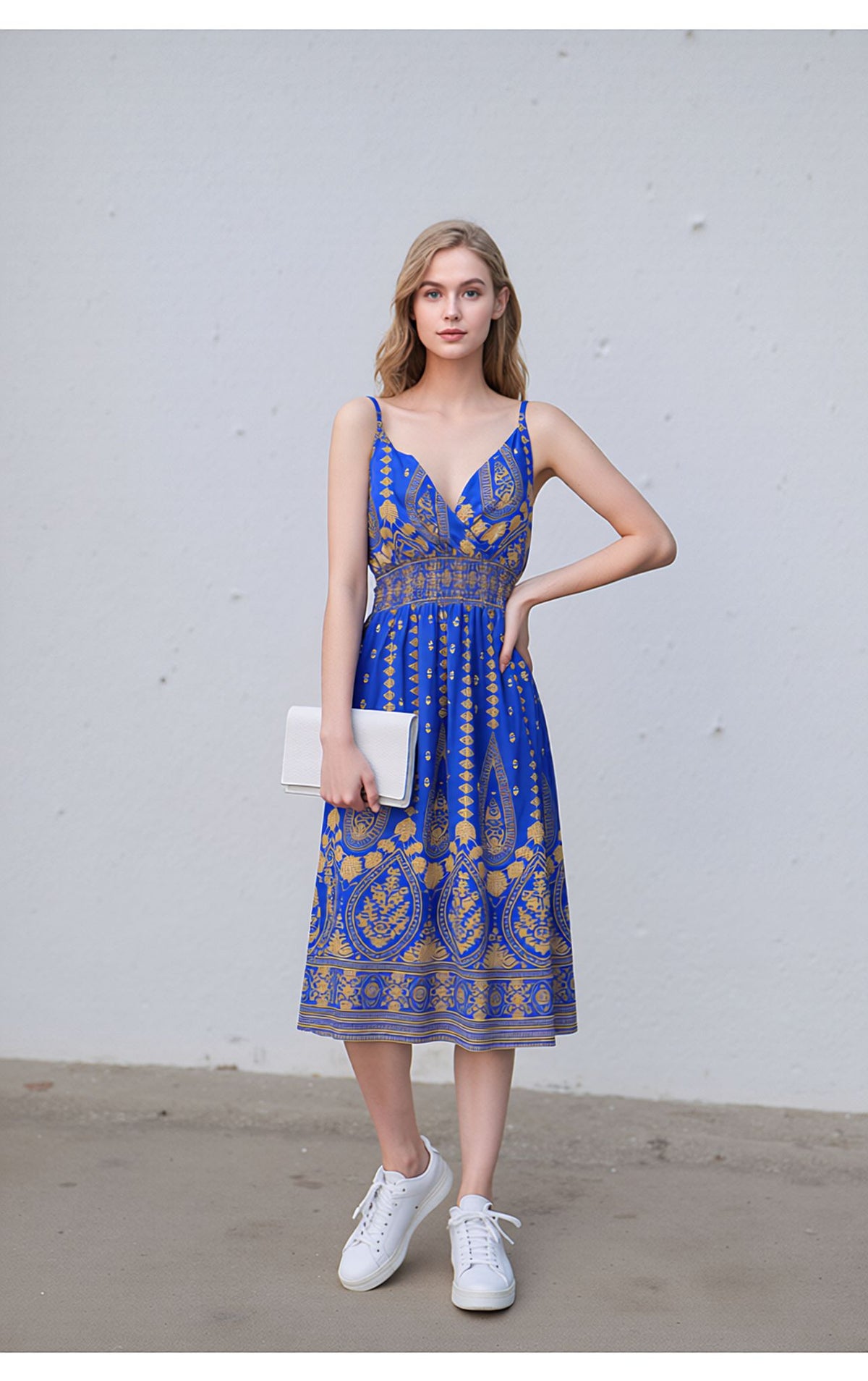 Blue & Gold Bohemian Print Sleeveless Midi Dress with Smocked Waist