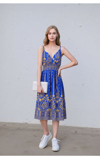 Blue & Gold Bohemian Print Sleeveless Midi Dress with Smocked Waist