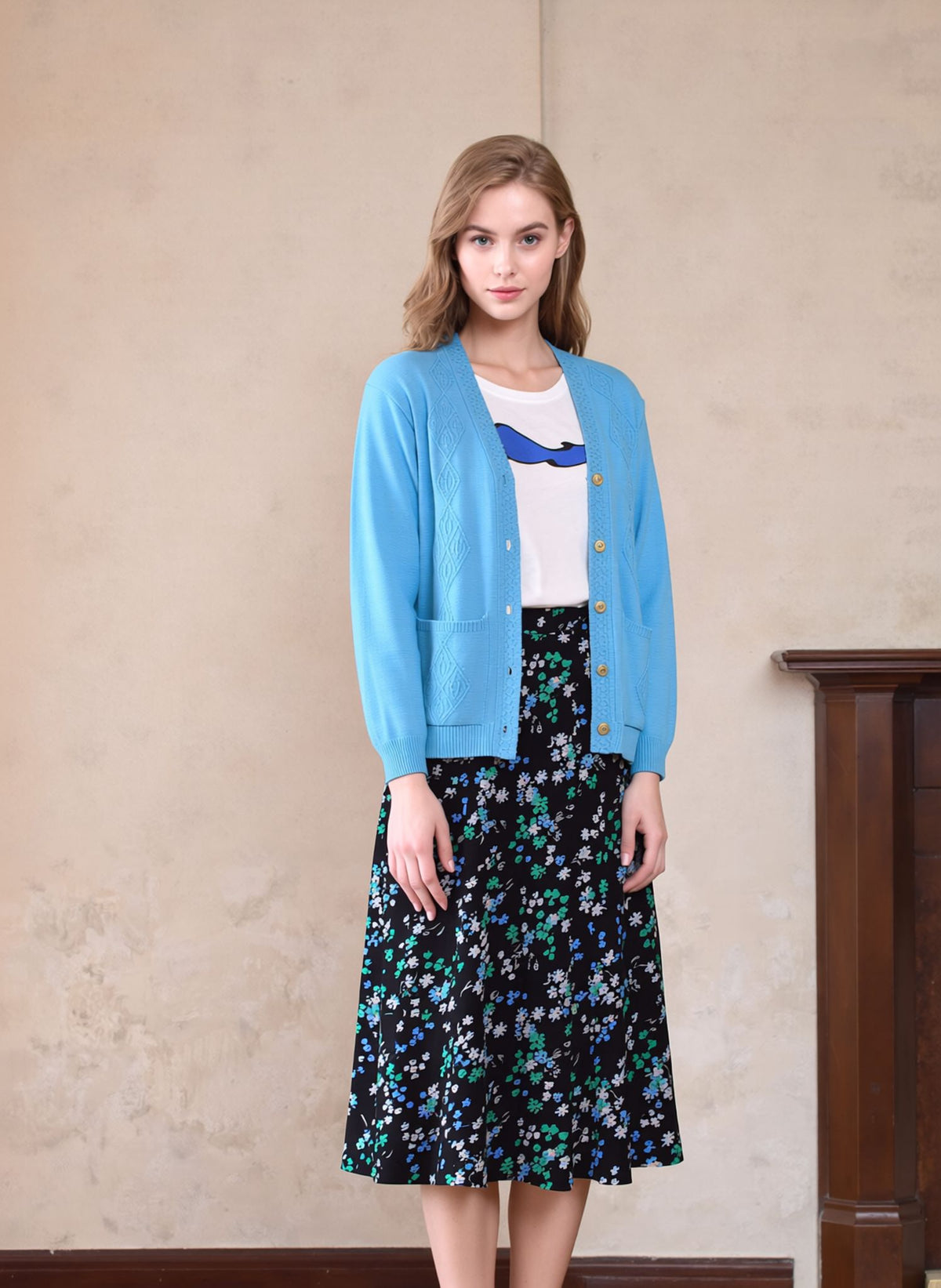 Blue & Green Flower Pattern Midi Skirt Elegant Women’s Pull-On Skirt