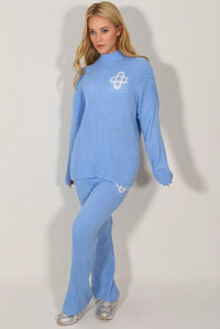 Blue Ribbed Knitted Loungewear Set