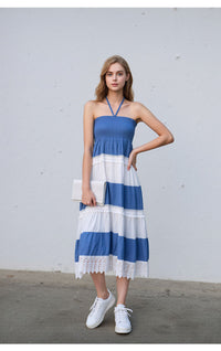 Blue & White Stripe Halter Neck Smocked Midi Dress with Lace Trim