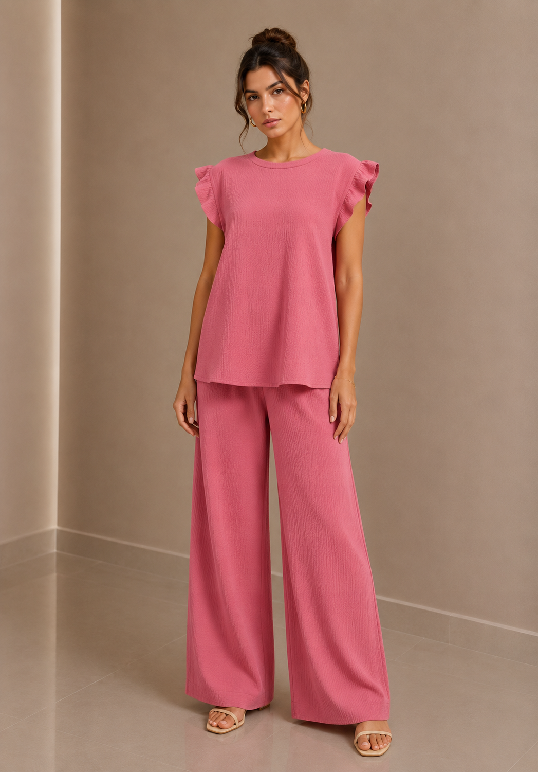 Blush Pink Textured Frill Sleeve Co-Ord Set Wide Leg Trousers Two Piece Outfit