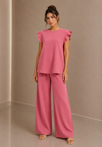 Blush Pink Textured Frill Sleeve Co-Ord Set Wide Leg Trousers Two Piece Outfit