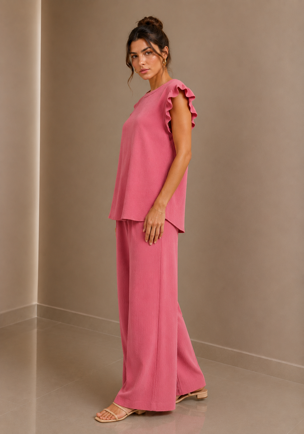 Blush Pink Textured Frill Sleeve Co-Ord Set Wide Leg Trousers Two Piece Outfit