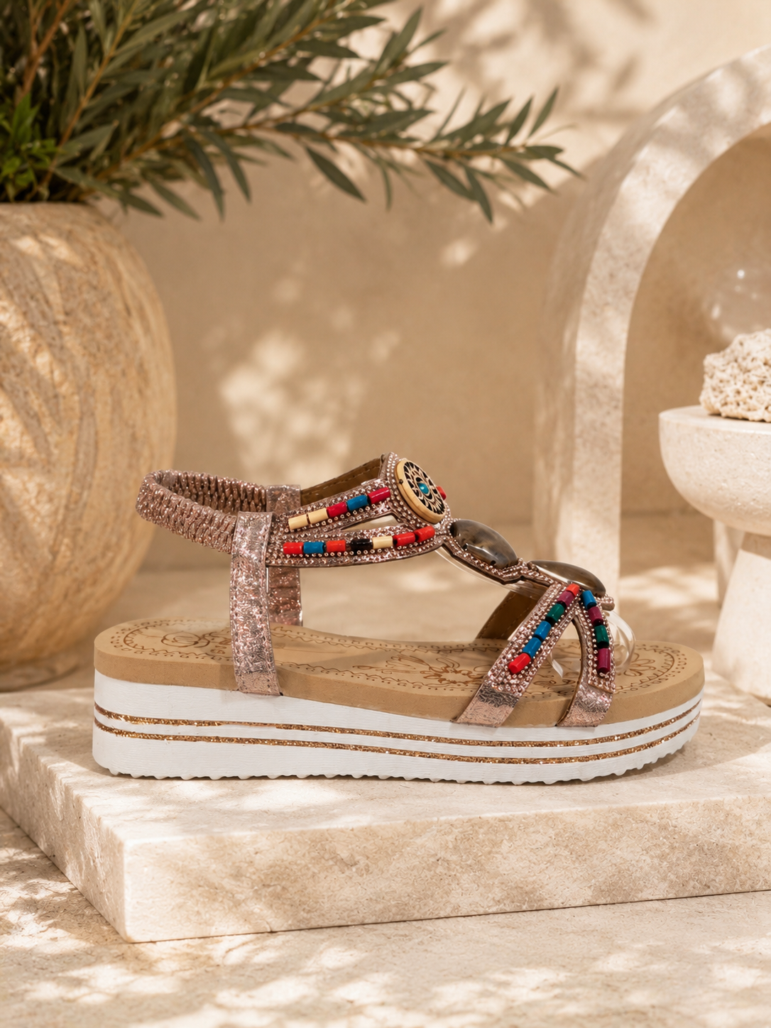Rose Gold Embellished Platform Slingback Cushioned Summer Comfort Sandals