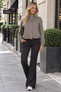 Brown Check High Neck Button Drawstring Lightweight Casual Jacket