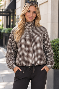 Brown Check High Neck Button Drawstring Lightweight Casual Jacket