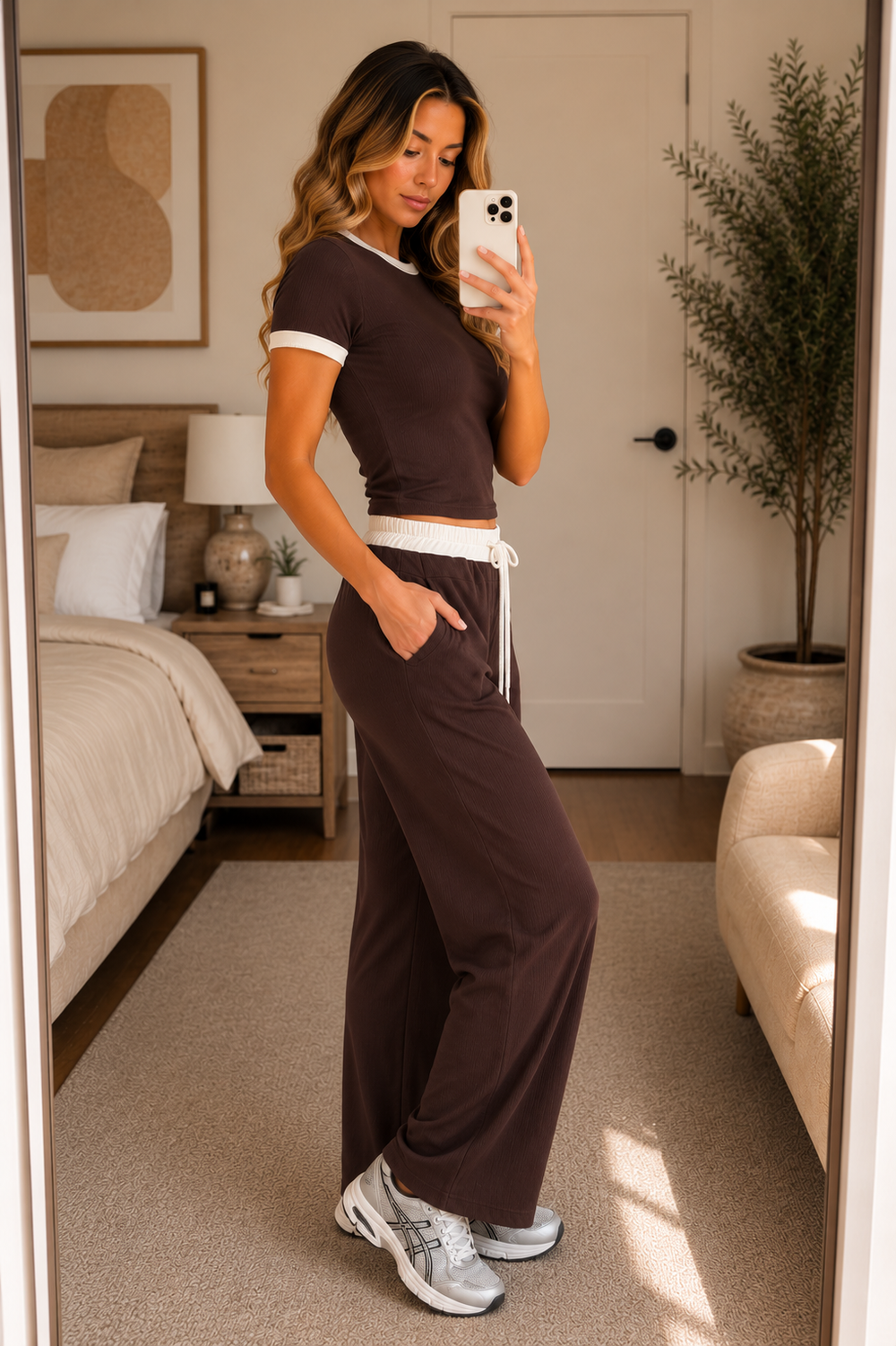 Brown Contrast Trim Lounge Co-Ord Set Ribbed Crop Top & Wide Leg Trousers Casual Two Piece