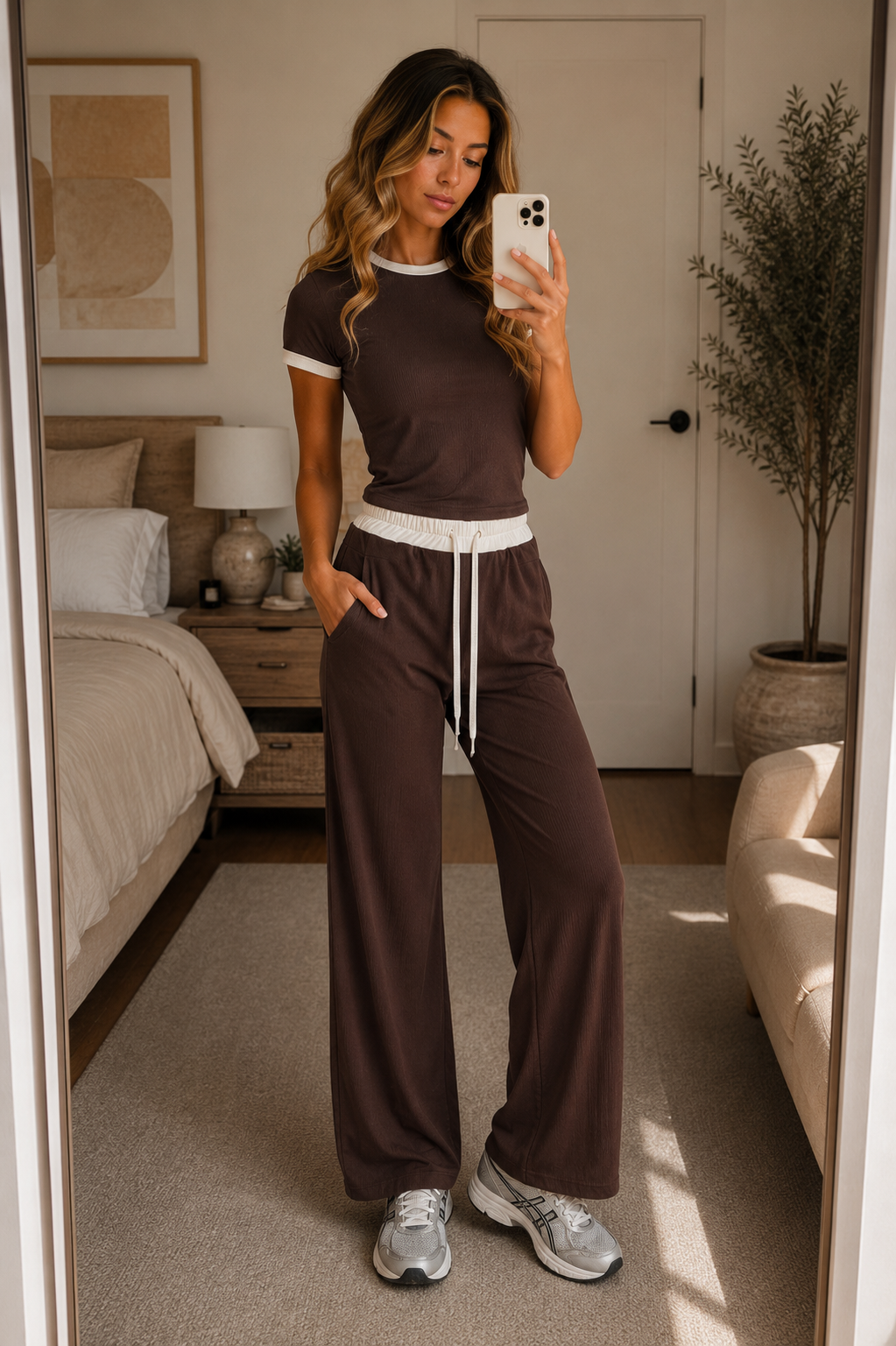 Brown Contrast Trim Lounge Co-Ord Set Ribbed Crop Top & Wide Leg Trousers Casual Two Piece