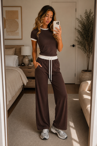 Brown Contrast Trim Lounge Co-Ord Set Ribbed Crop Top & Wide Leg Trousers Casual Two Piece