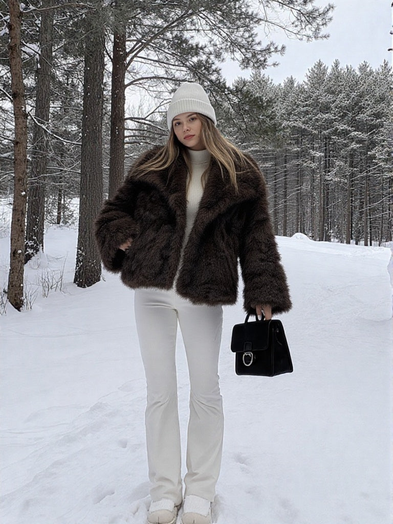 Brown Faux Fur Oversized Collared Coat