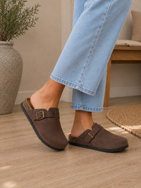 Brown Faux Suede Buckle Comfort Slip-On Mules Cork Footbed Casual Clogs