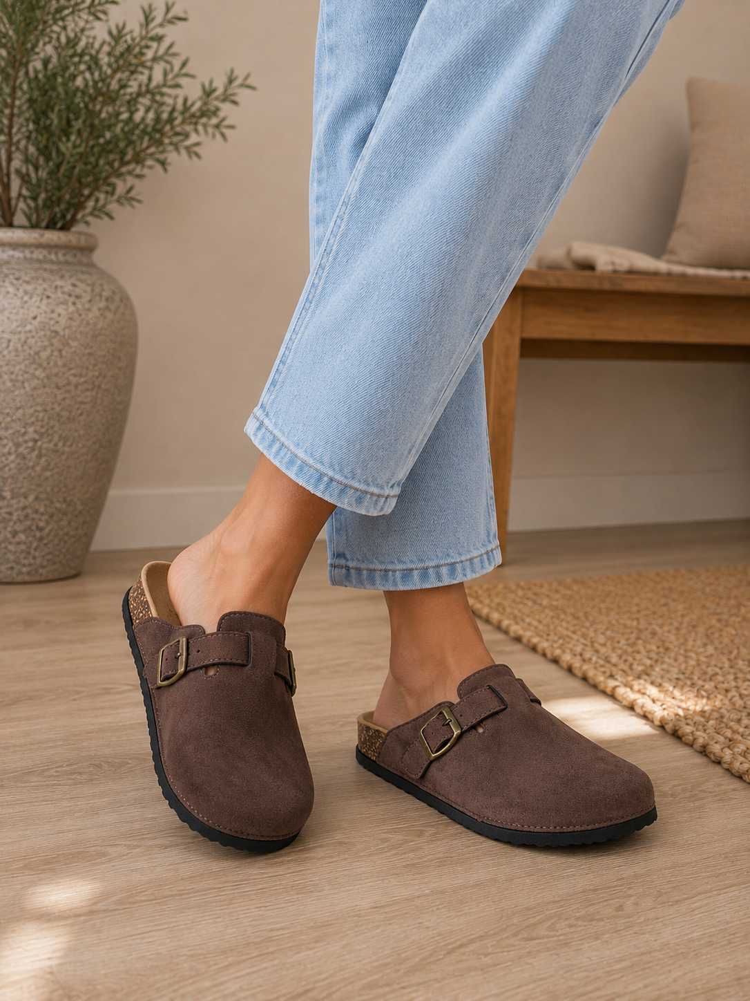 Brown Faux Suede Buckle Comfort Slip-On Mules Cork Footbed Casual Clogs