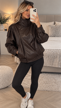 Brown Oversized Faux Leather High Neck Bomber Jacket