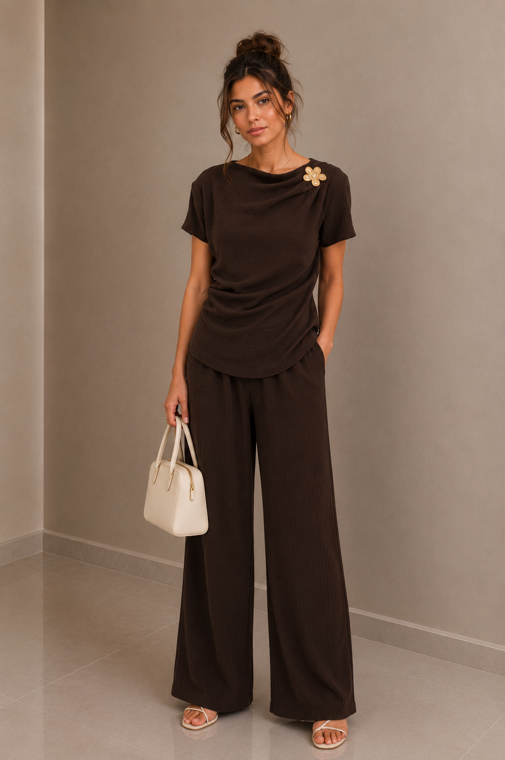 Brown Textured Drape Top & Wide Leg Trouser Co-Ord Set Elegant Two Piece Outfit