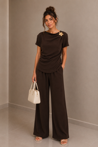 Brown Textured Drape Top & Wide Leg Trouser Co-Ord Set Elegant Two Piece Outfit