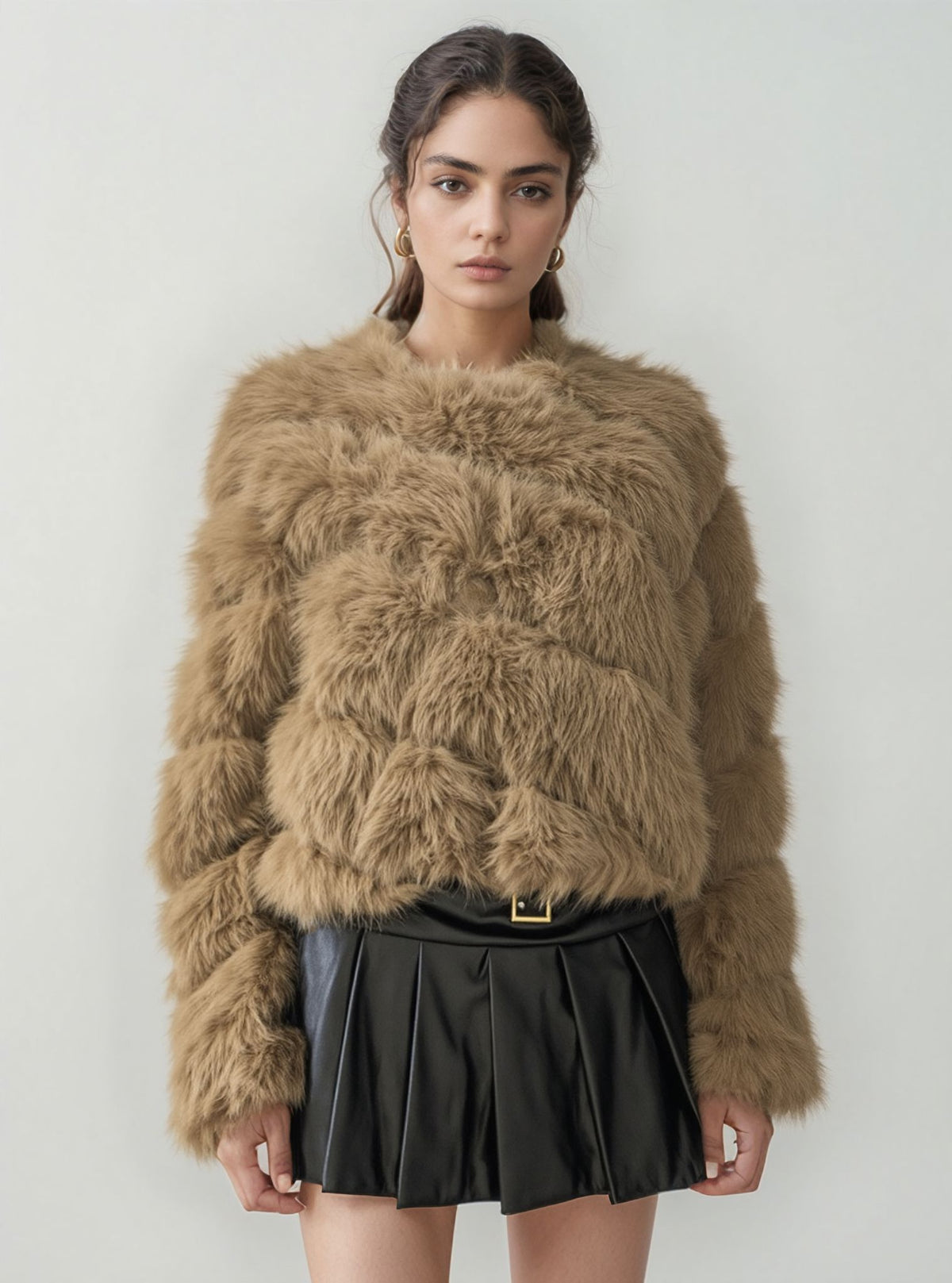 Brown Thick Faux Fur Paneled Layered Jacket