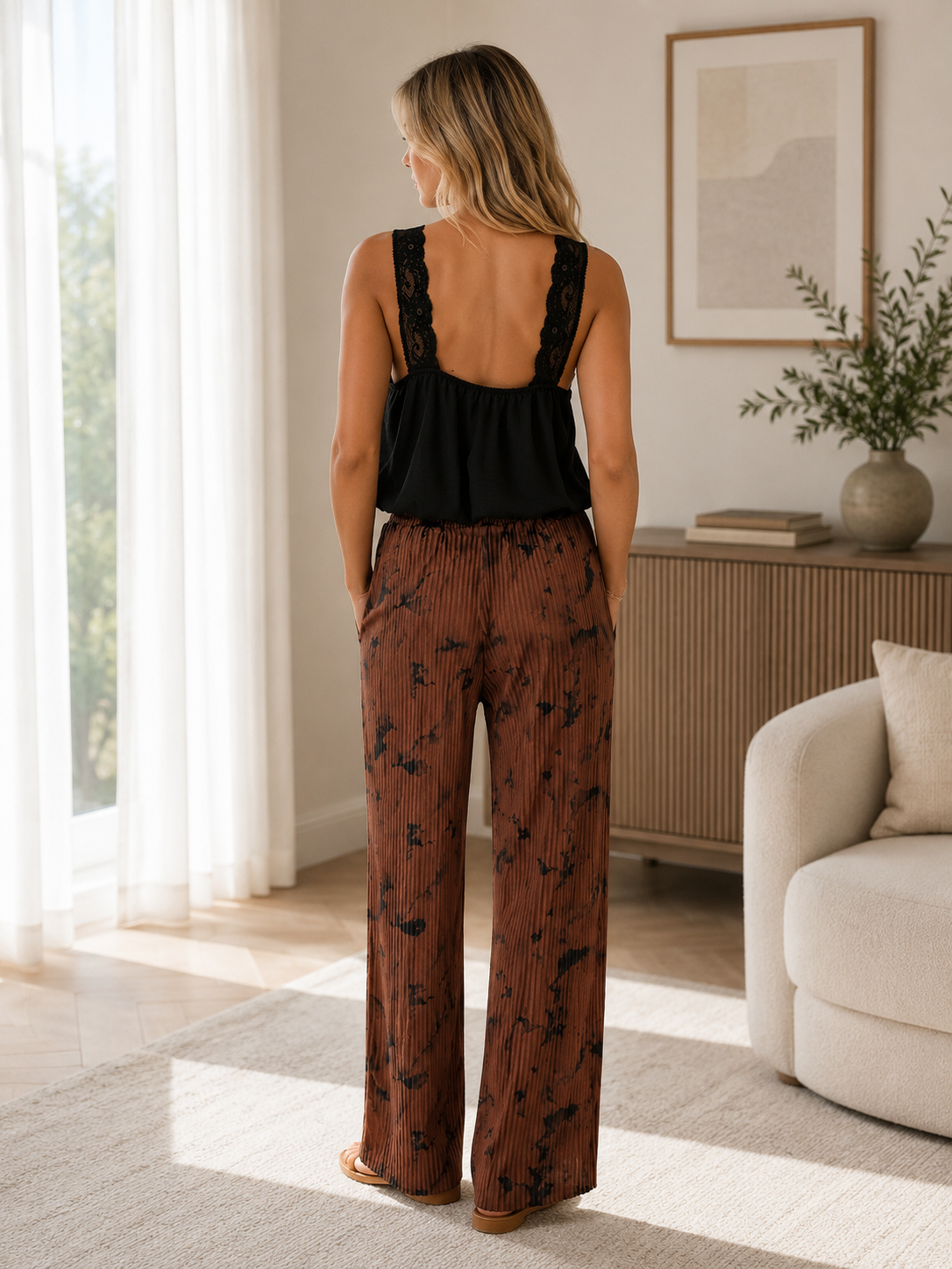 Brown Tie Dye Print Pleated Wide Leg Trousers