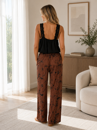 Brown Tie Dye Print Pleated Wide Leg Trousers