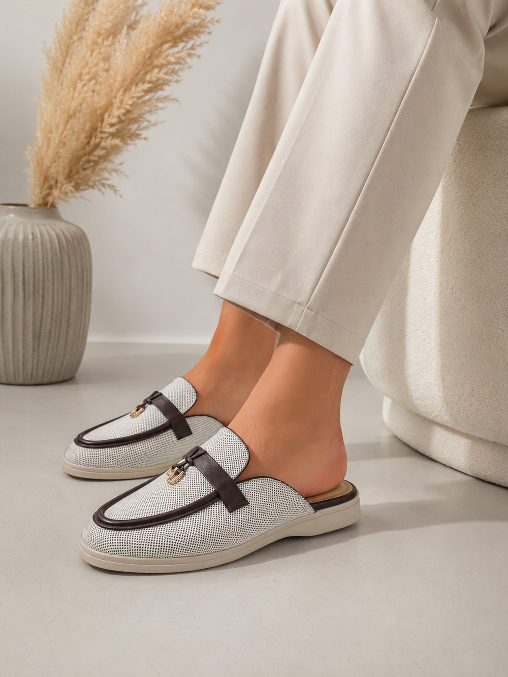 Brown Woven Backless Mule Loafers Chic Slip On Flat Shoes