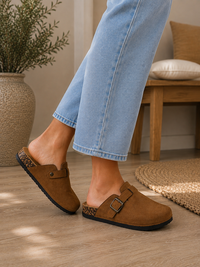 Camel Faux Suede Buckle Comfort Slip-On Mules Cork Footbed Casual Clogs