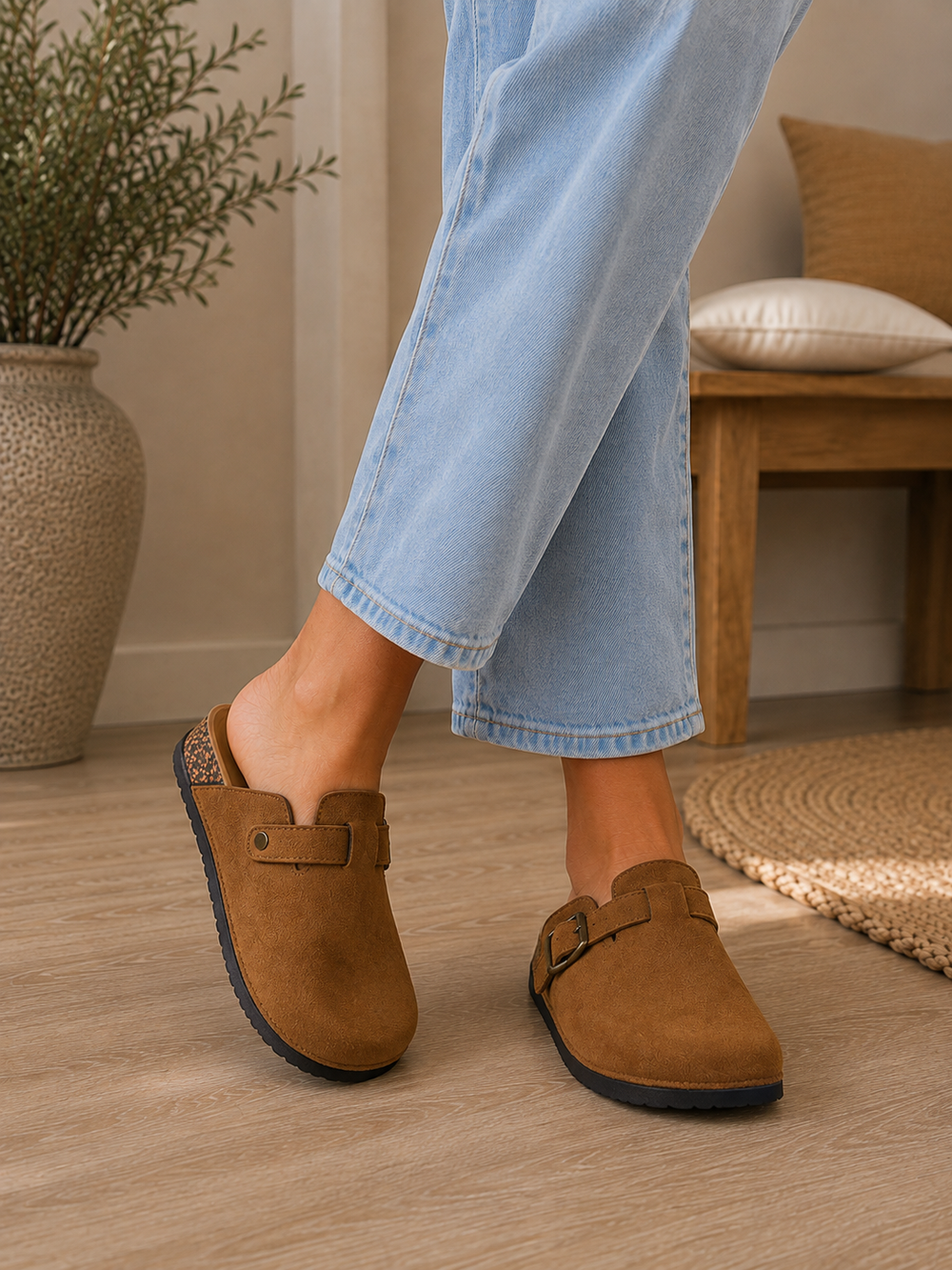 Camel Faux Suede Buckle Comfort Slip-On Mules Cork Footbed Casual Clogs