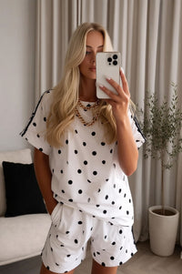 Chic Women's Polka Dot Co-ord Set - Two Piece Lounge & Casual Outfit with Black Stripe Detail on Sleeves & Shorts