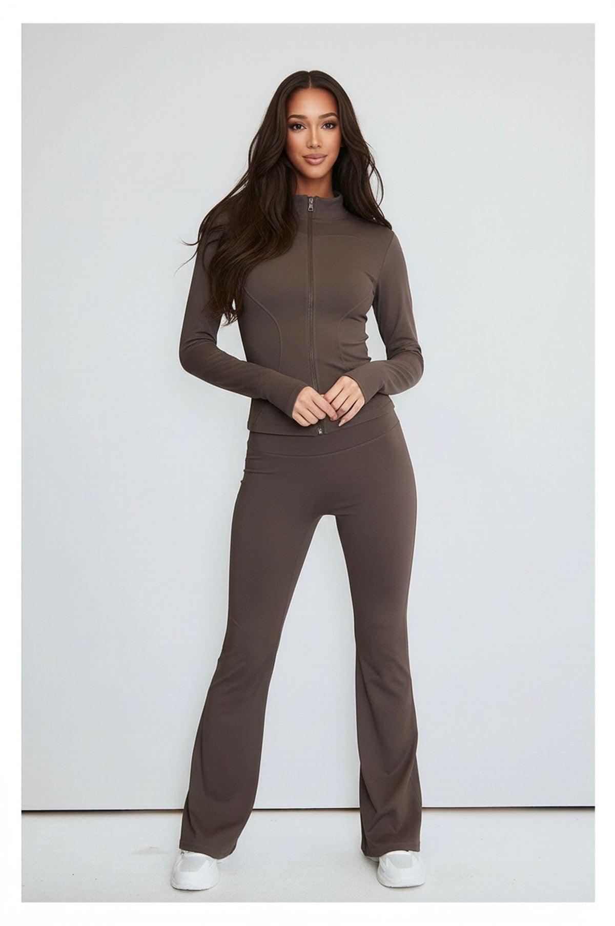 Chocolate Brown Contour Sculpt Flare Trousers and Zip Sports Jacket Gym Co-Ord