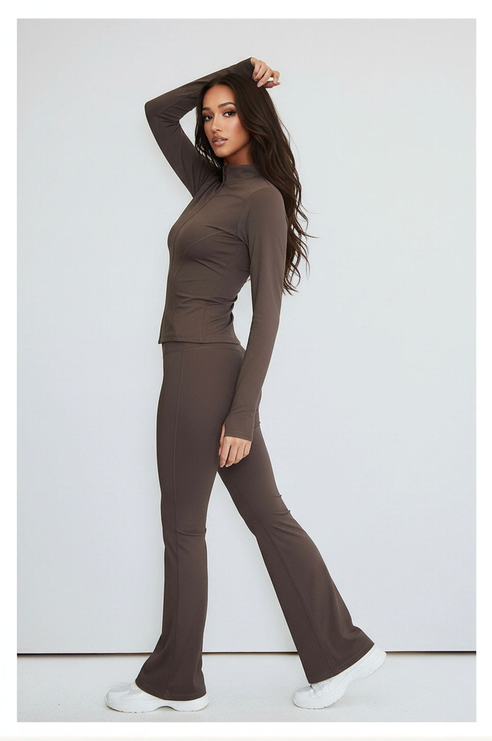 Chocolate Brown Contour Sculpt Flare Trousers and Zip Sports Jacket Gym Co-Ord