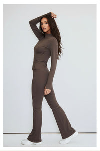 Chocolate Brown Contour Sculpt Flare Trousers and Zip Sports Jacket Gym Co-Ord