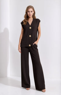 Chocolate Brown Crinkle Two Piece Set Gold Button Waistcoat & Wide Leg Trousers