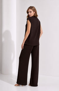 Chocolate Brown Crinkle Two Piece Set Gold Button Waistcoat & Wide Leg Trousers