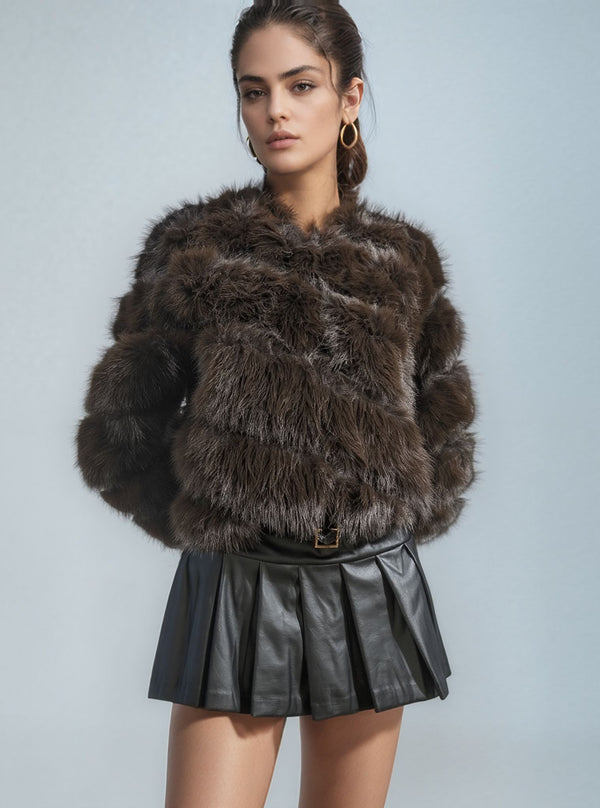 Chocolate Brown Thick Faux Fur Paneled Layered Jacket