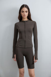Chocolate Brown Zip Up Jacket & Shorts Contour Sculpt Gym Set