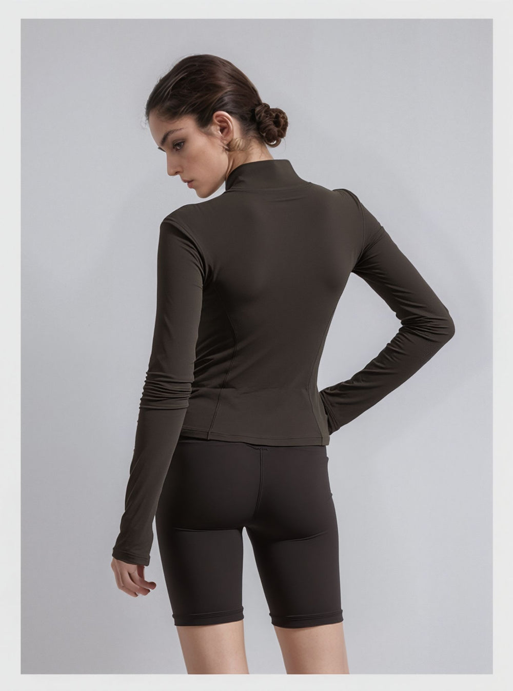 Chocolate Brown Zip Up Jacket & Shorts Contour Sculpt Gym Set