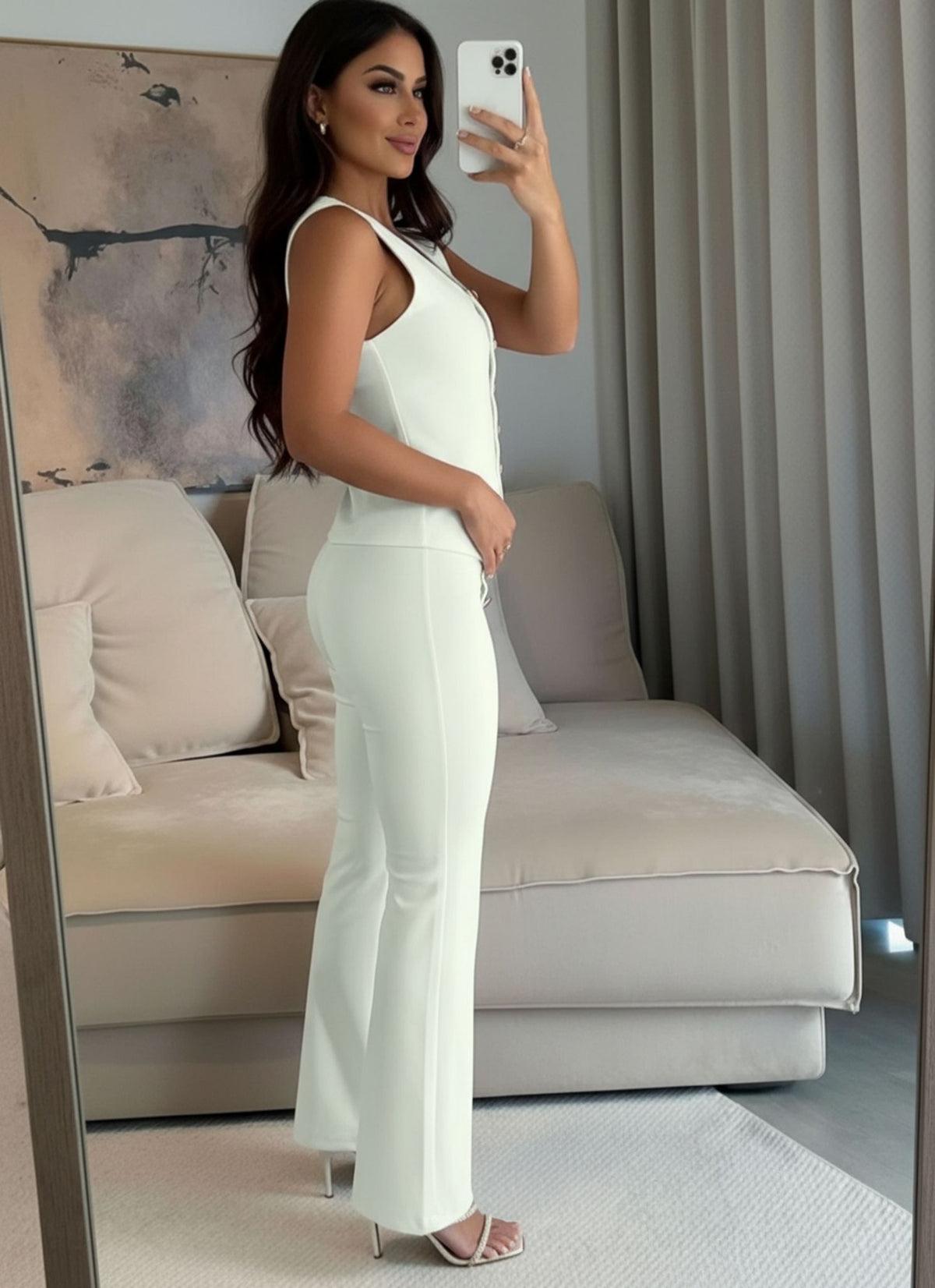 Cream Button Waistcoat Top & Wide Leg Trouser Co-ord Set