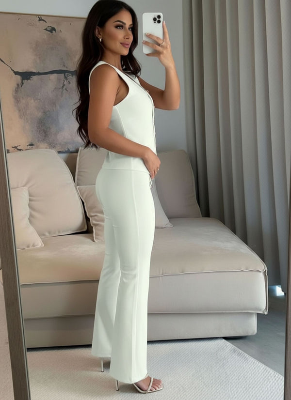 Cream Button Waistcoat Top & Wide Leg Trouser Co-ord Set