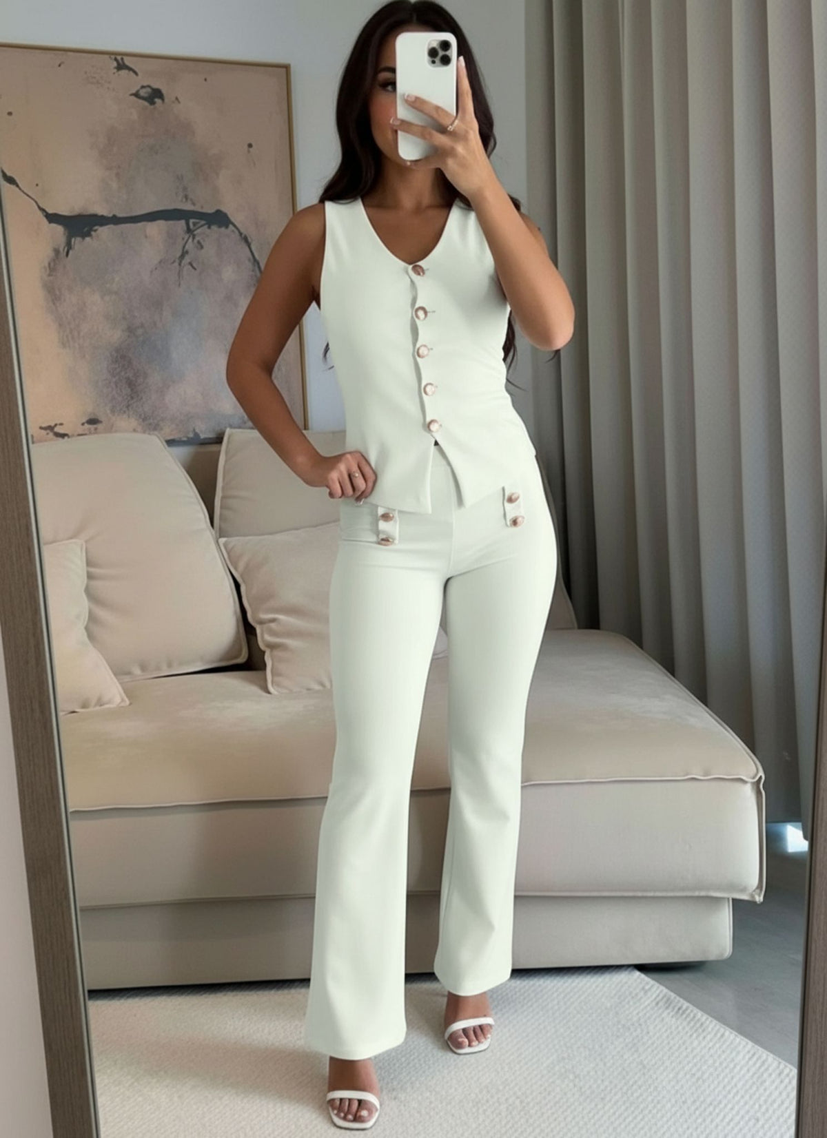 Cream Button Waistcoat Top & Wide Leg Trouser Co-ord Set
