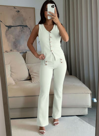 Cream Button Waistcoat Top & Wide Leg Trouser Co-ord Set