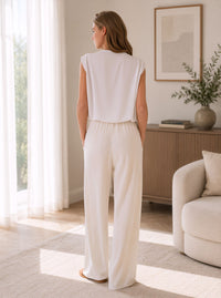 Cream Crinkle Pleated Wide Leg Trousers