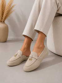 Cream Faux Suede Loafers Elegant Flat Slip On Shoes